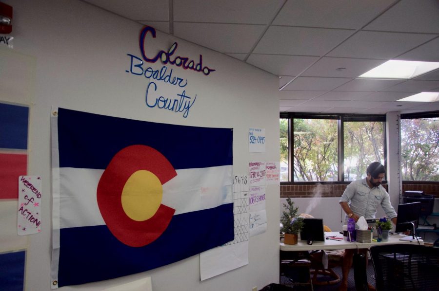 The Colorado State Flag hangs on the wall of the Boulder office of the Polis Campaign. Interns for the Governor-Elect worked in this room often.