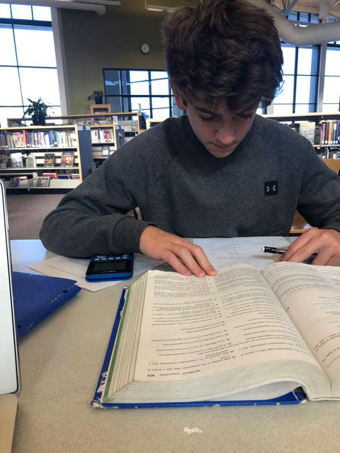 Freshman Luca Kehoe works in the library.