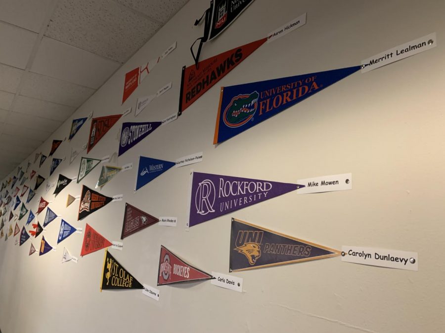800s+Hallway+College+Flags+signify+the+colleges+that+each+faculty+member+has+attended.