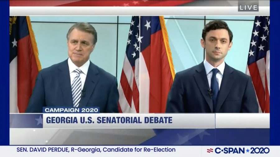 Screenshot of a senatorial debate between Ossoff and Perdue.